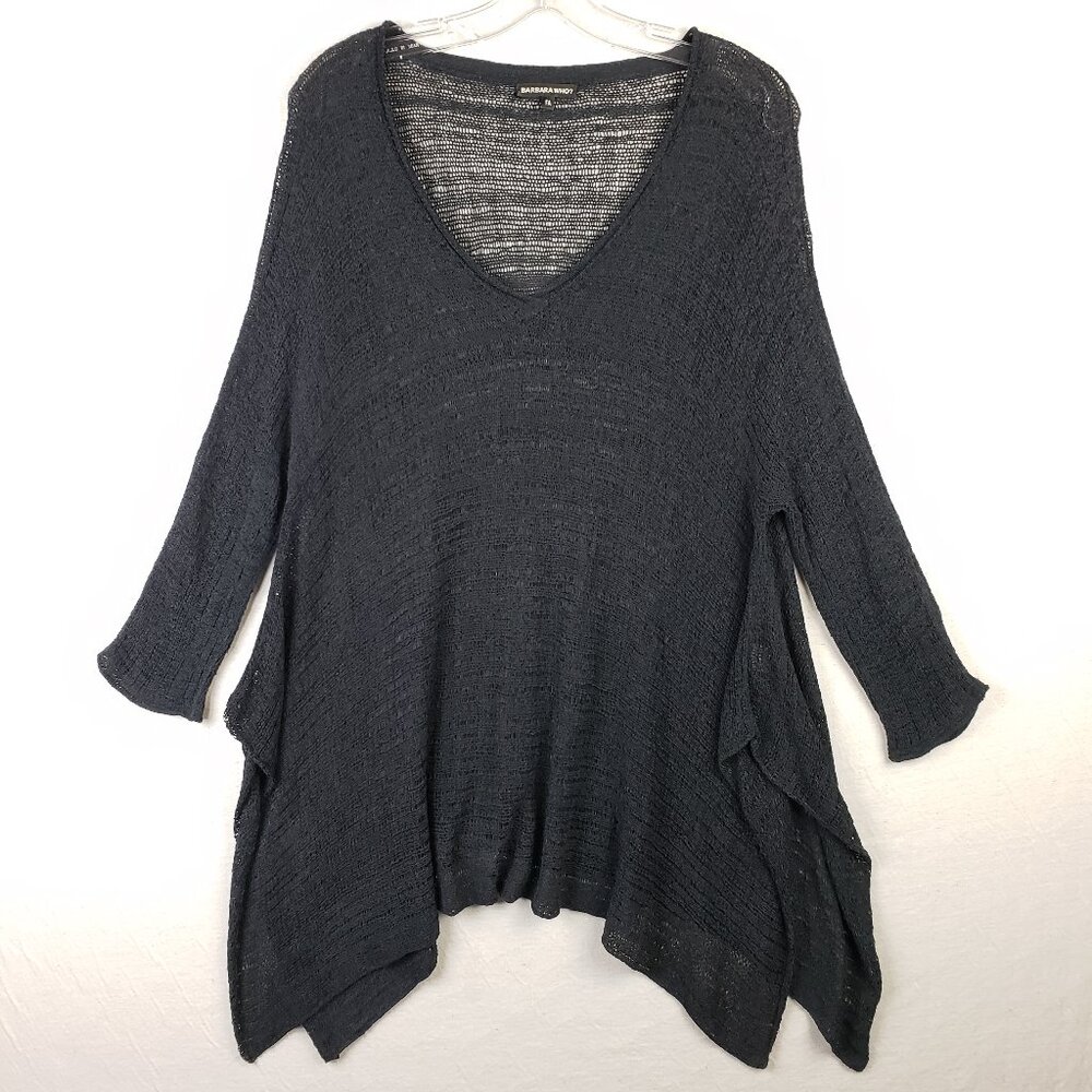 Barbara Who Tunic Top Sweater Open Knit Mesh Sharkbite Hem Black O/S Lagenlook